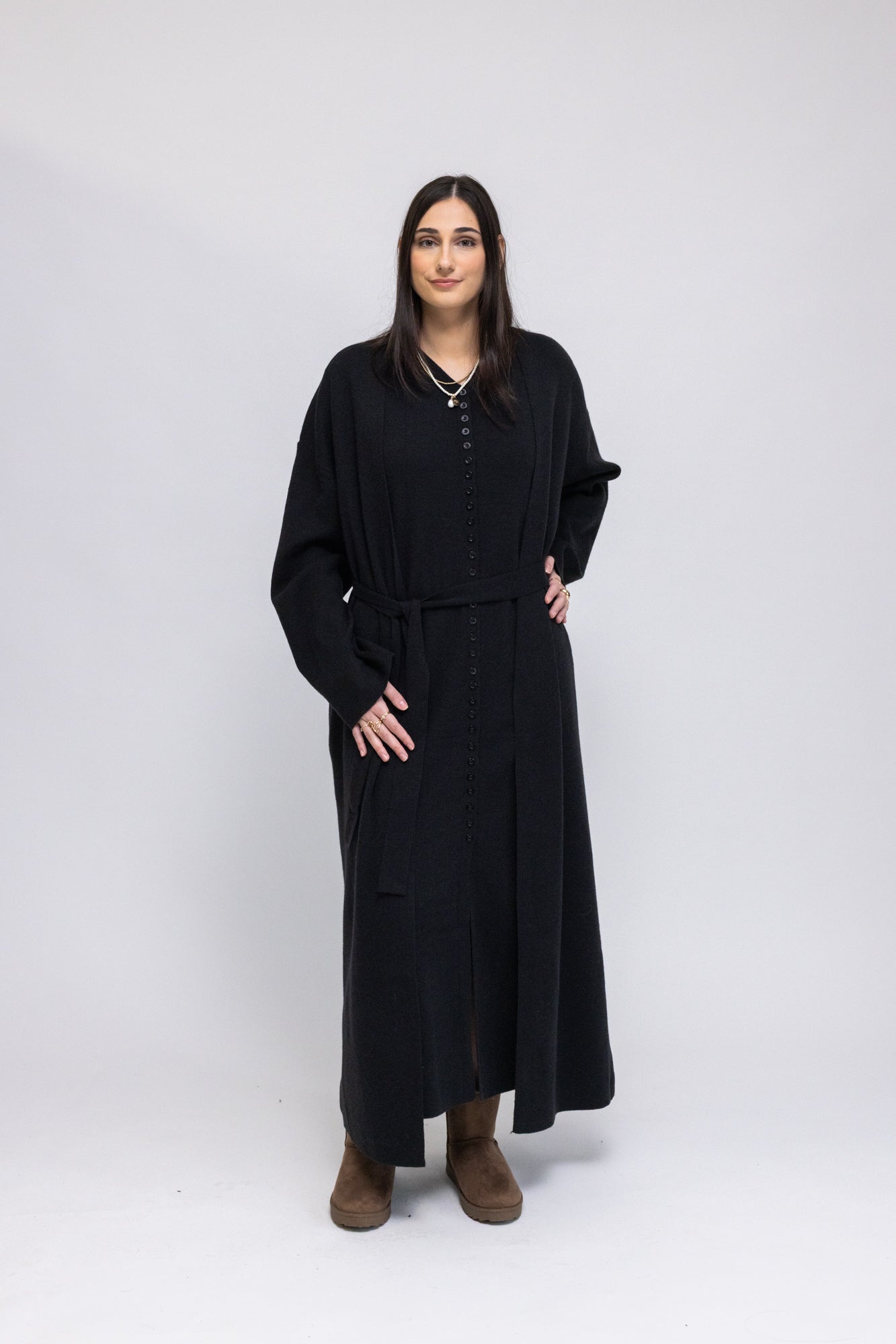 Button-Front Knit Maxi Dress with Matching Cardigan S/M / Black Button-Front Knit Maxi Dress with Matching Cardigan S/M / Black