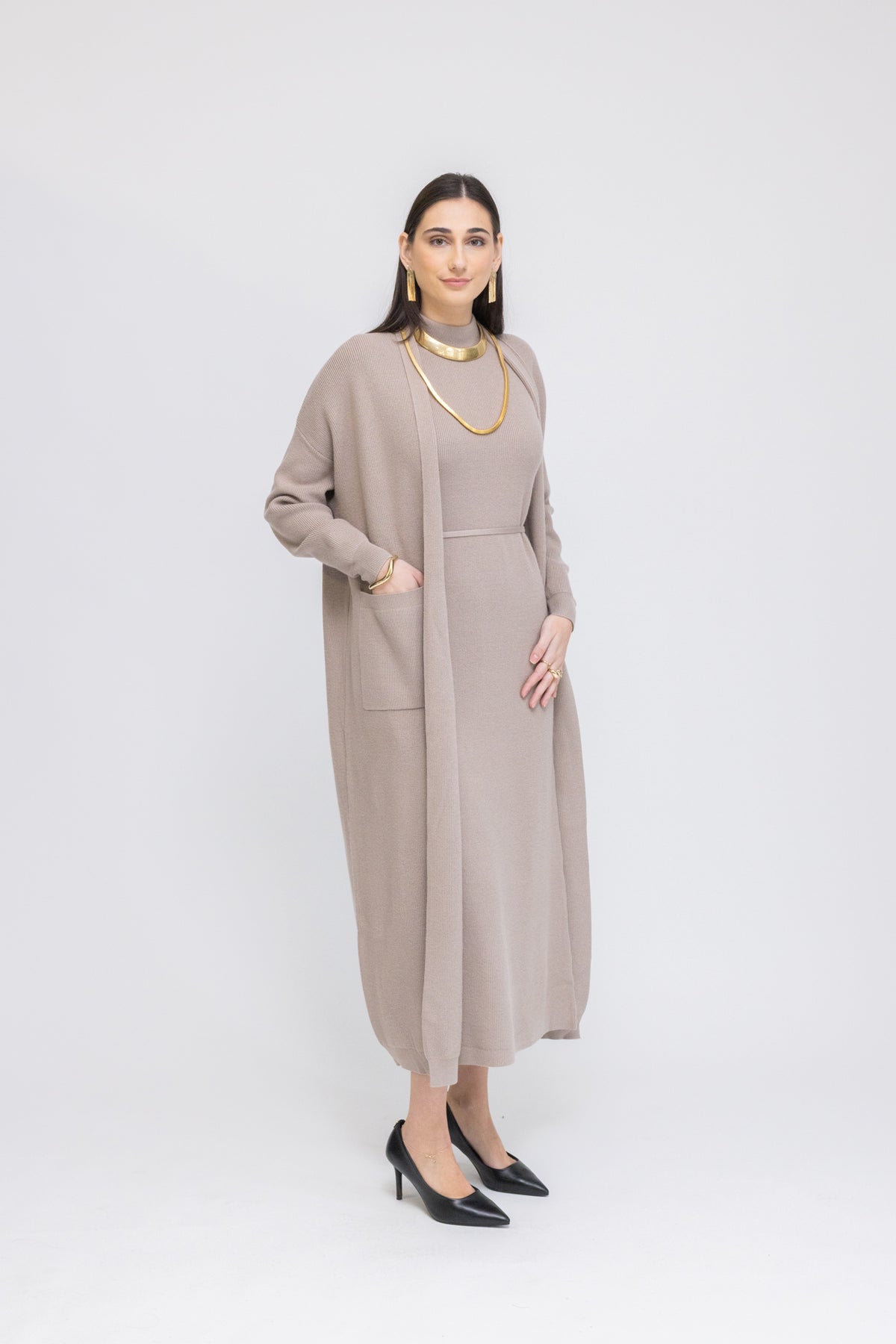 Knit Sleeveless Midi Dress &amp; Longline Cardigan 2-Piece Set