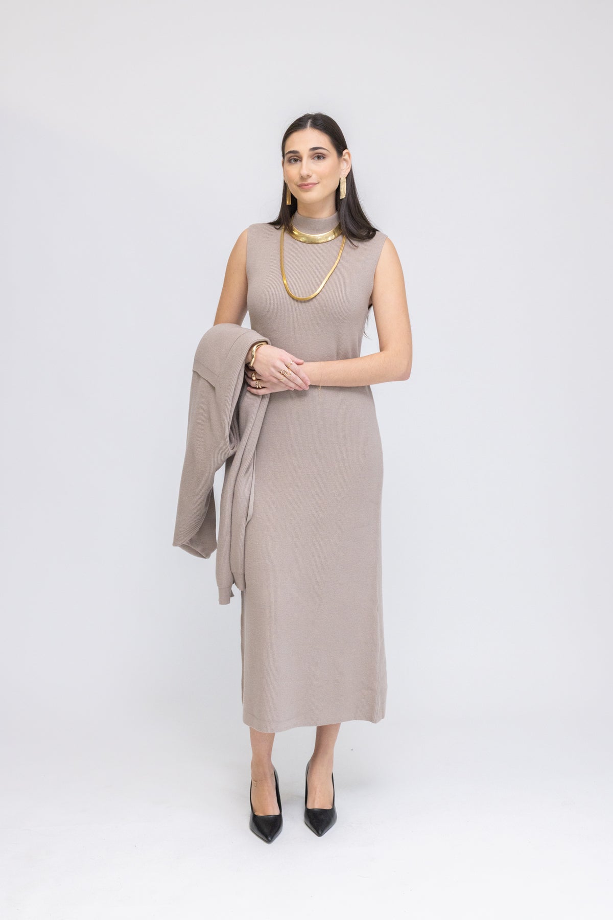 Knit Sleeveless Midi Dress &amp; Longline Cardigan 2-Piece Set