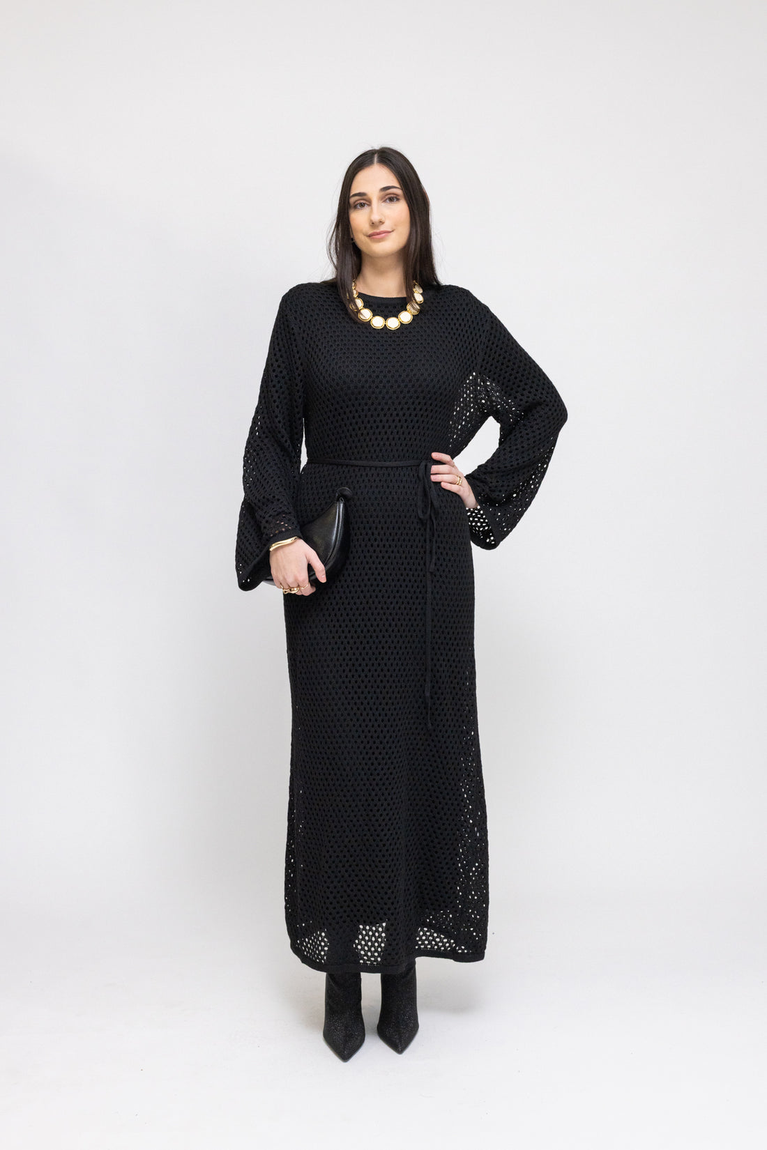 Crochet Maxi Dress with Tie Waist and Under Dress