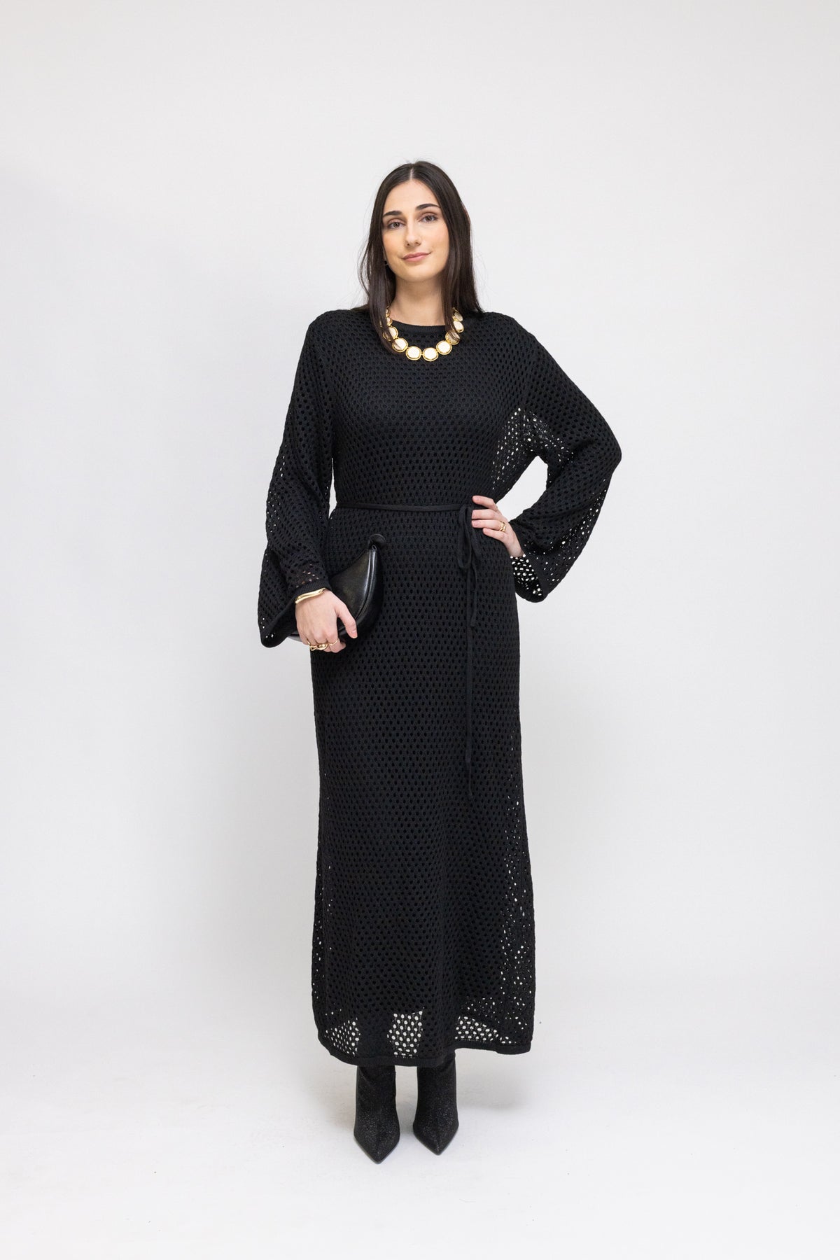 Crochet Maxi Dress with Tie Waist and Under Dress