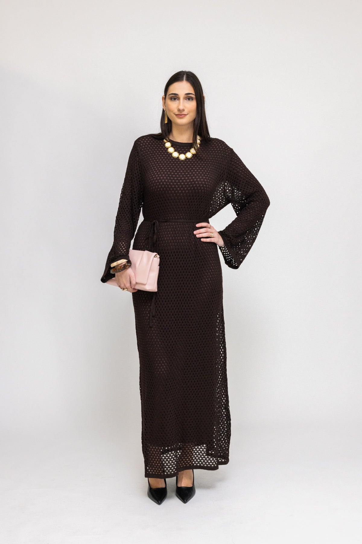 Crochet Maxi Dress with Tie Waist and Under Dress