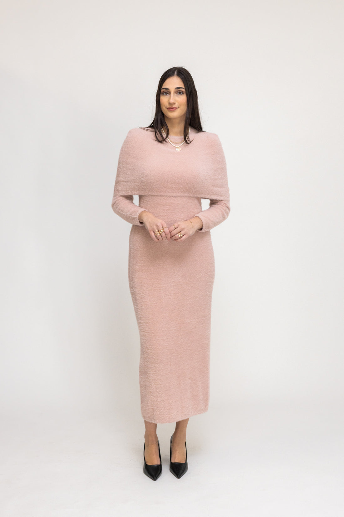 Textured Knit Midi Dress with Cape Overlay