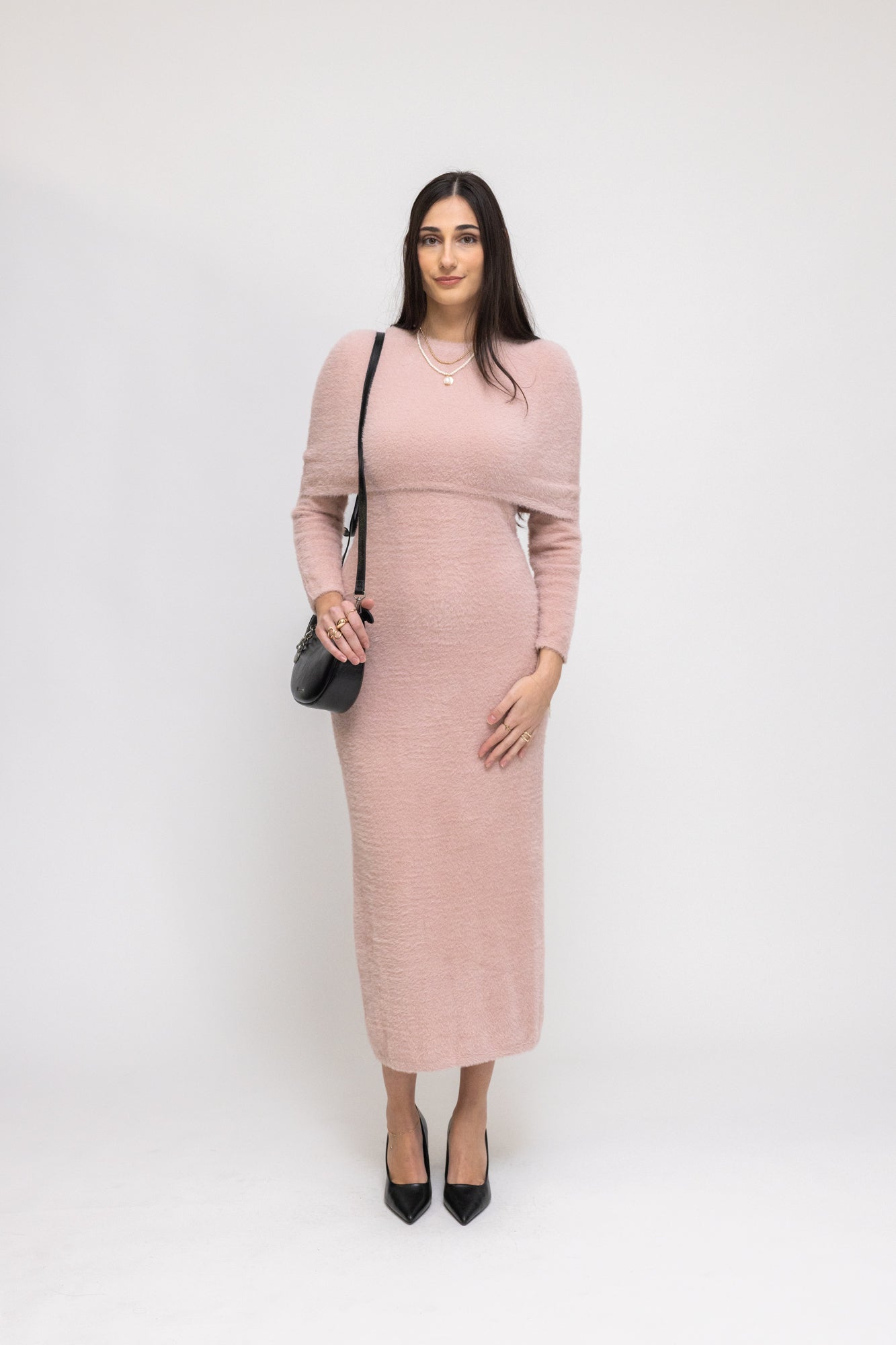 Soft Fluffy Midi Dress with Cape Overlay L / Pink Soft Fluffy Midi Dress with Cape Overlay L / Pink