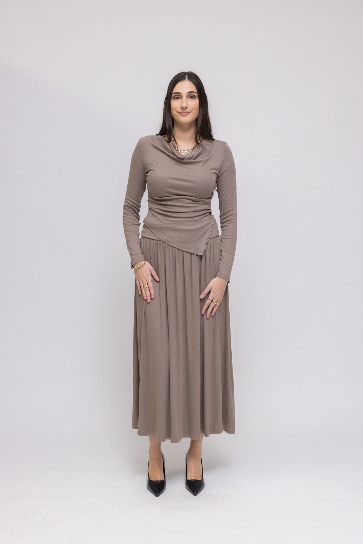 Draped Jersey Top &amp; Midi Skirt 2-Piece Set