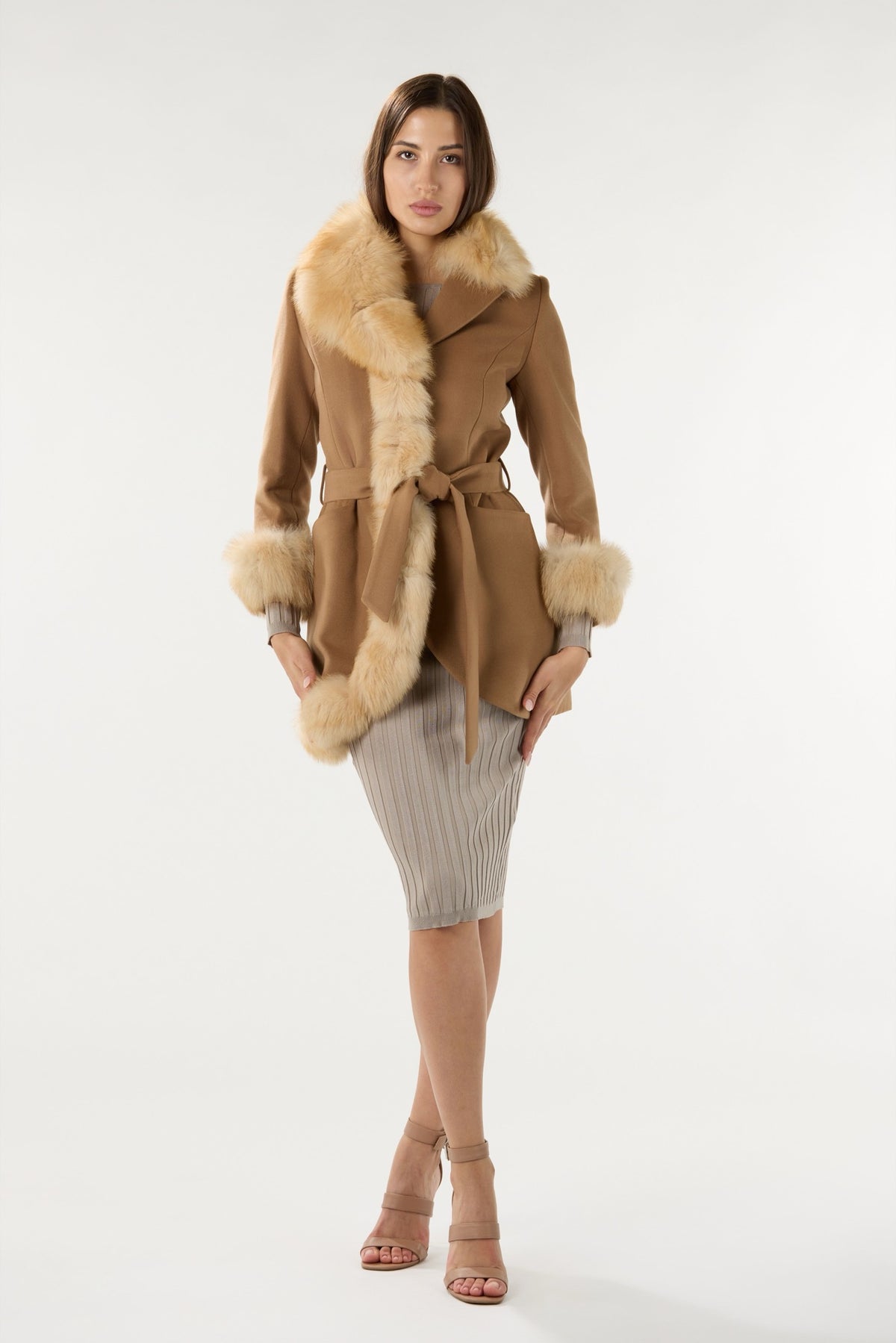 Short Camel Real Authentic Fox Fur Coat
