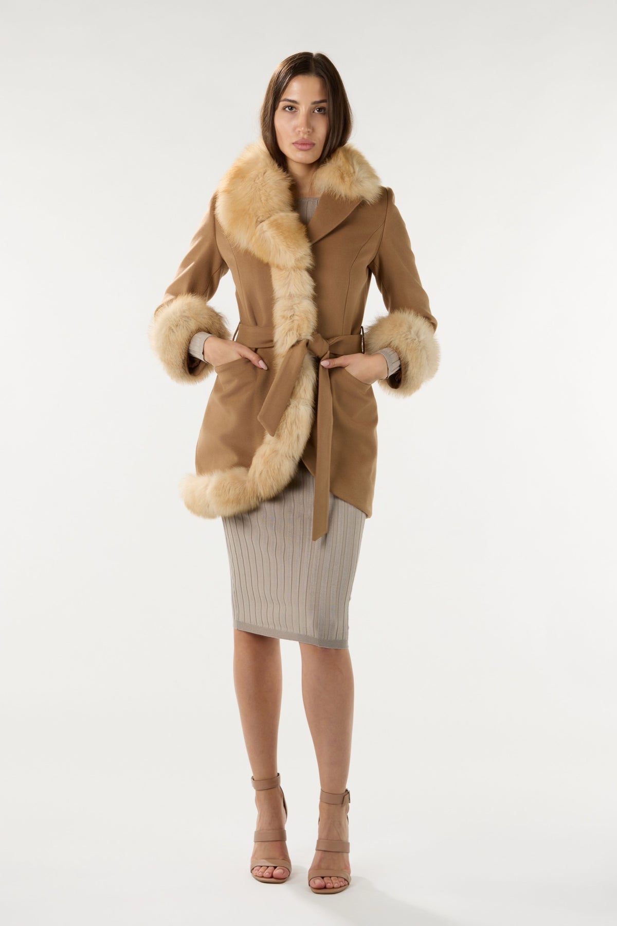 Short Camel Real Authentic Fox Fur Coat
