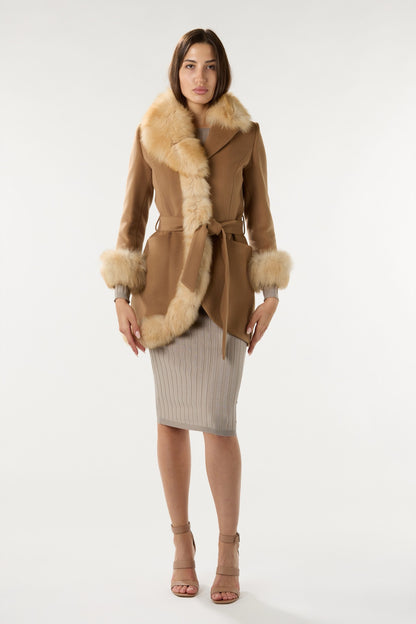 Short Camel Real Authentic Fox Fur Coat