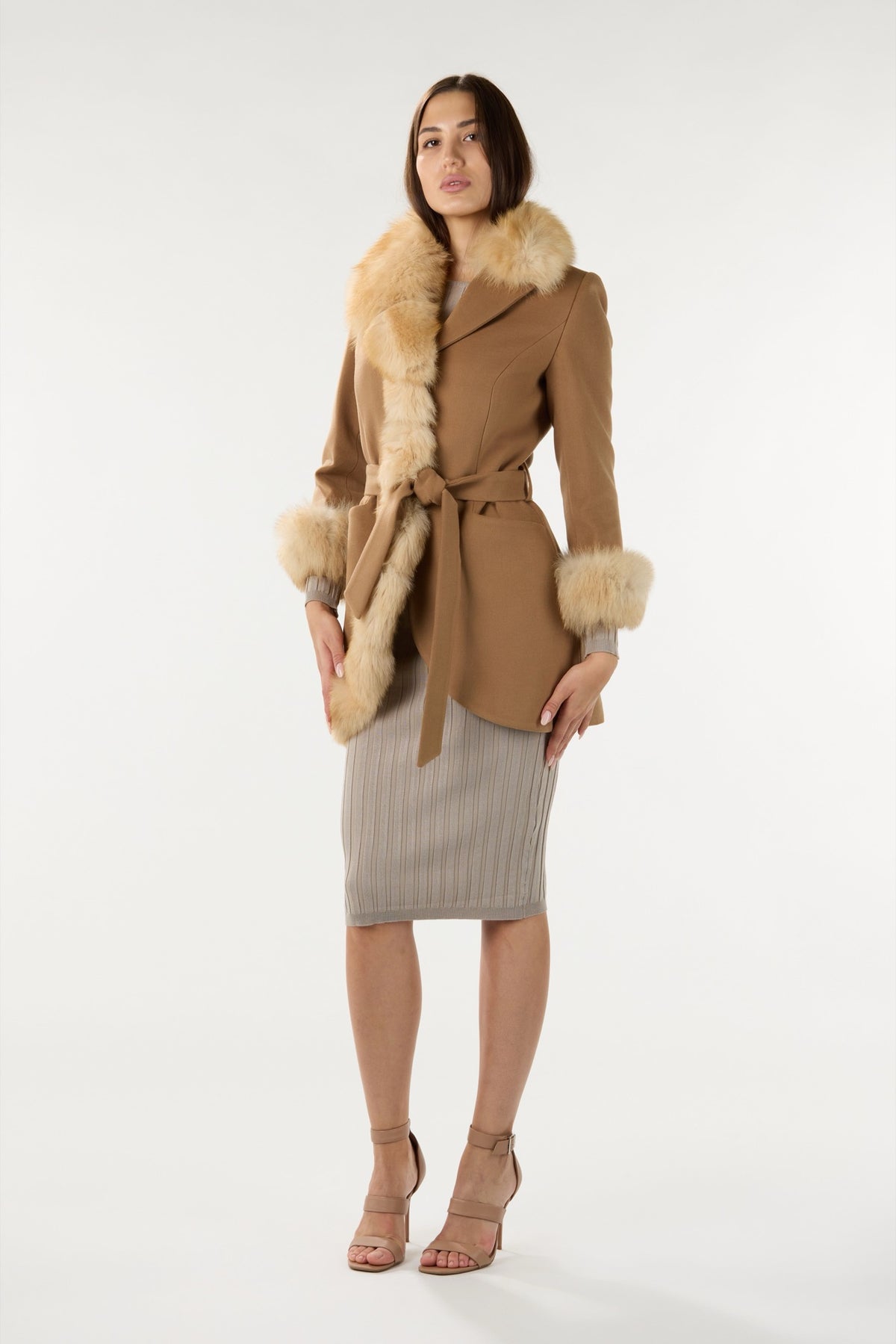 Short Camel Real Authentic Fox Fur Coat