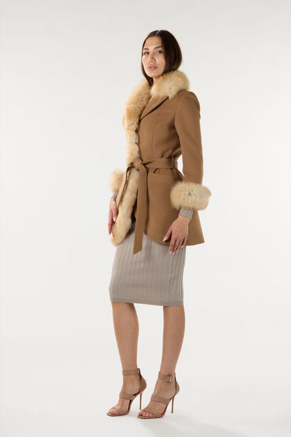 Short Camel Real Authentic Fox Fur Coat