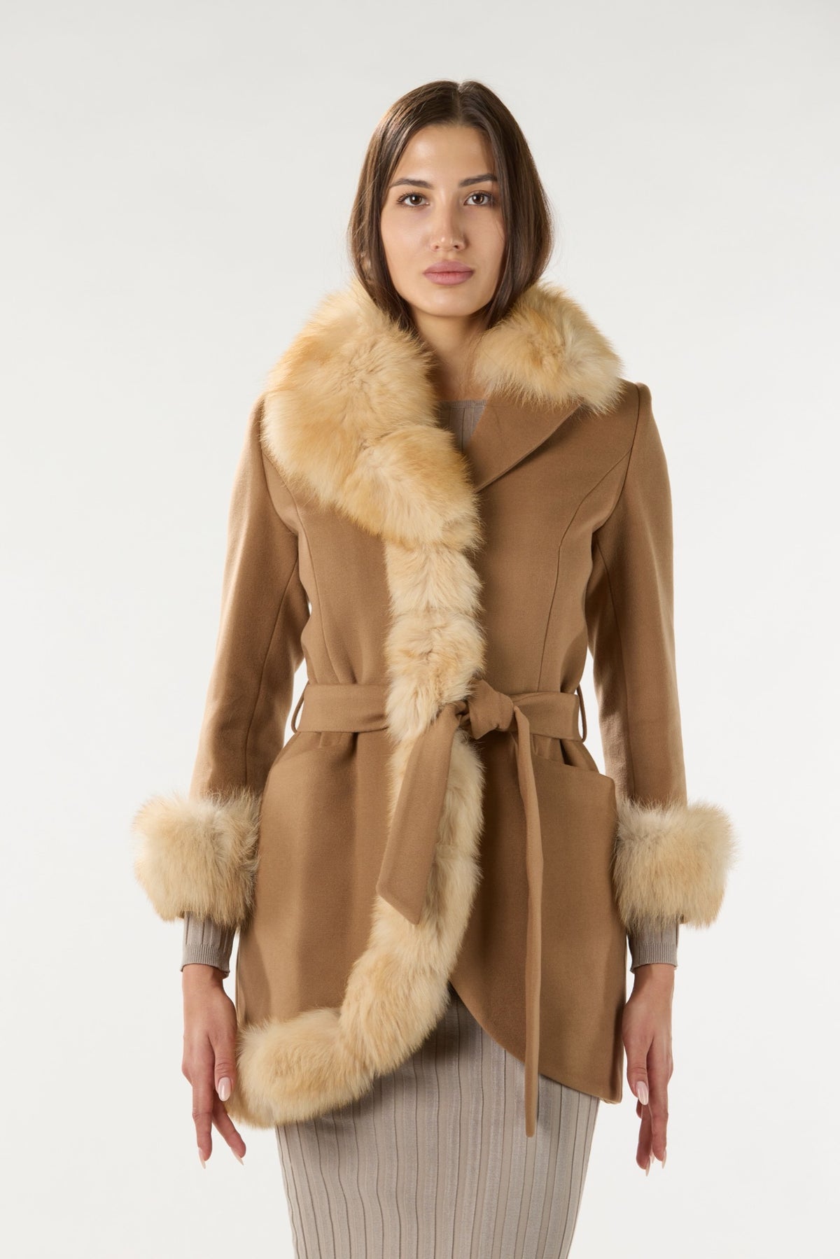 Short Camel Real Authentic Fox Fur Coat