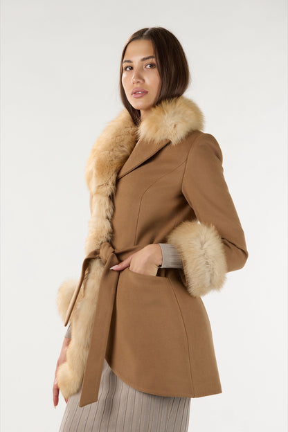 Short Camel Real Authentic Fox Fur Coat
