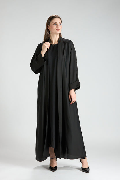 Noor Black Belted V-Neck 3-Piece Abaya