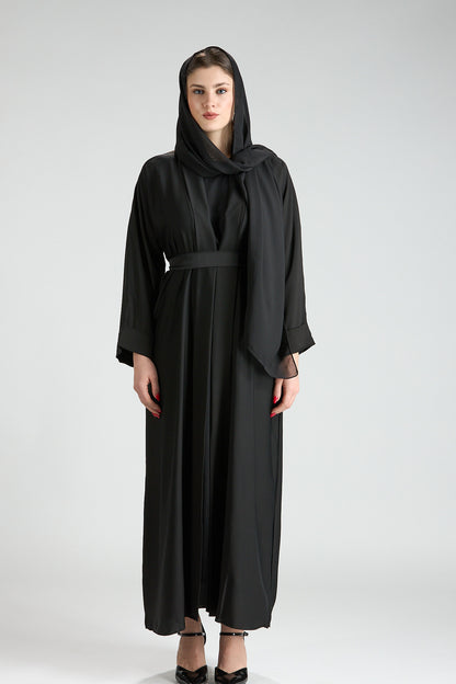 Noor Black Belted V-Neck 3-Piece Abaya