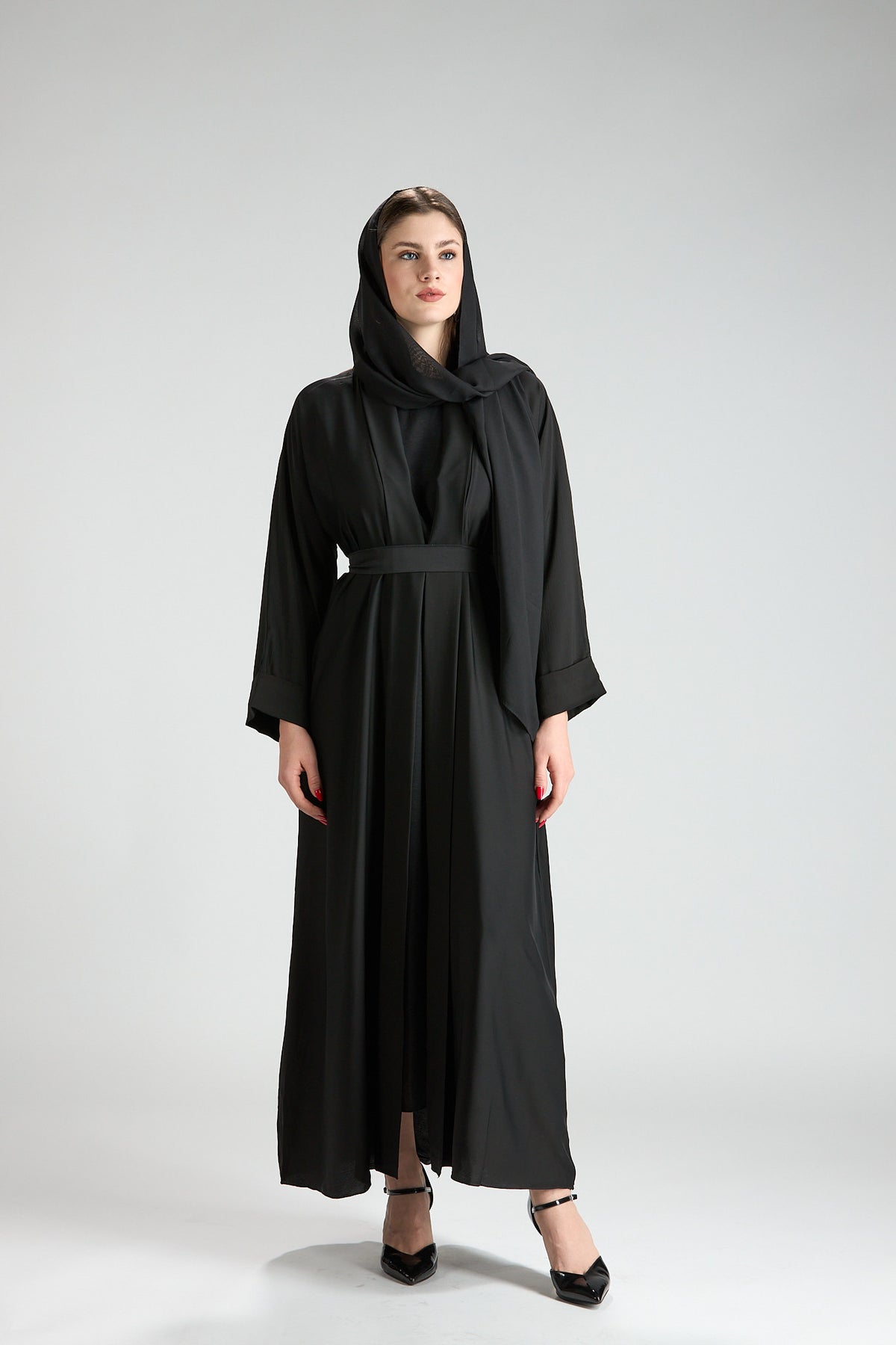 Noor Black Belted V-Neck 3-Piece Abaya
