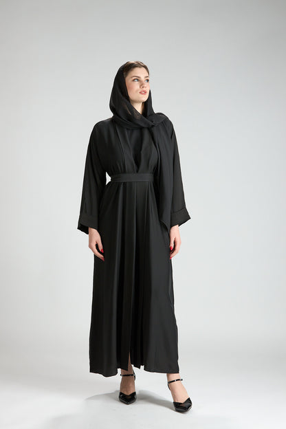 Noor Black Belted V-Neck 3-Piece Abaya