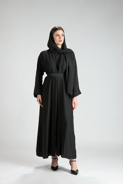 Noor Black Belted V-Neck 3-Piece Abaya