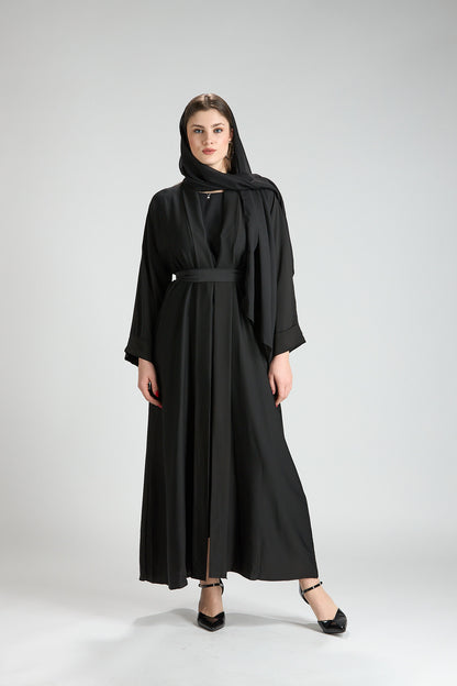 Noor Black Belted V-Neck 3-Piece Abaya