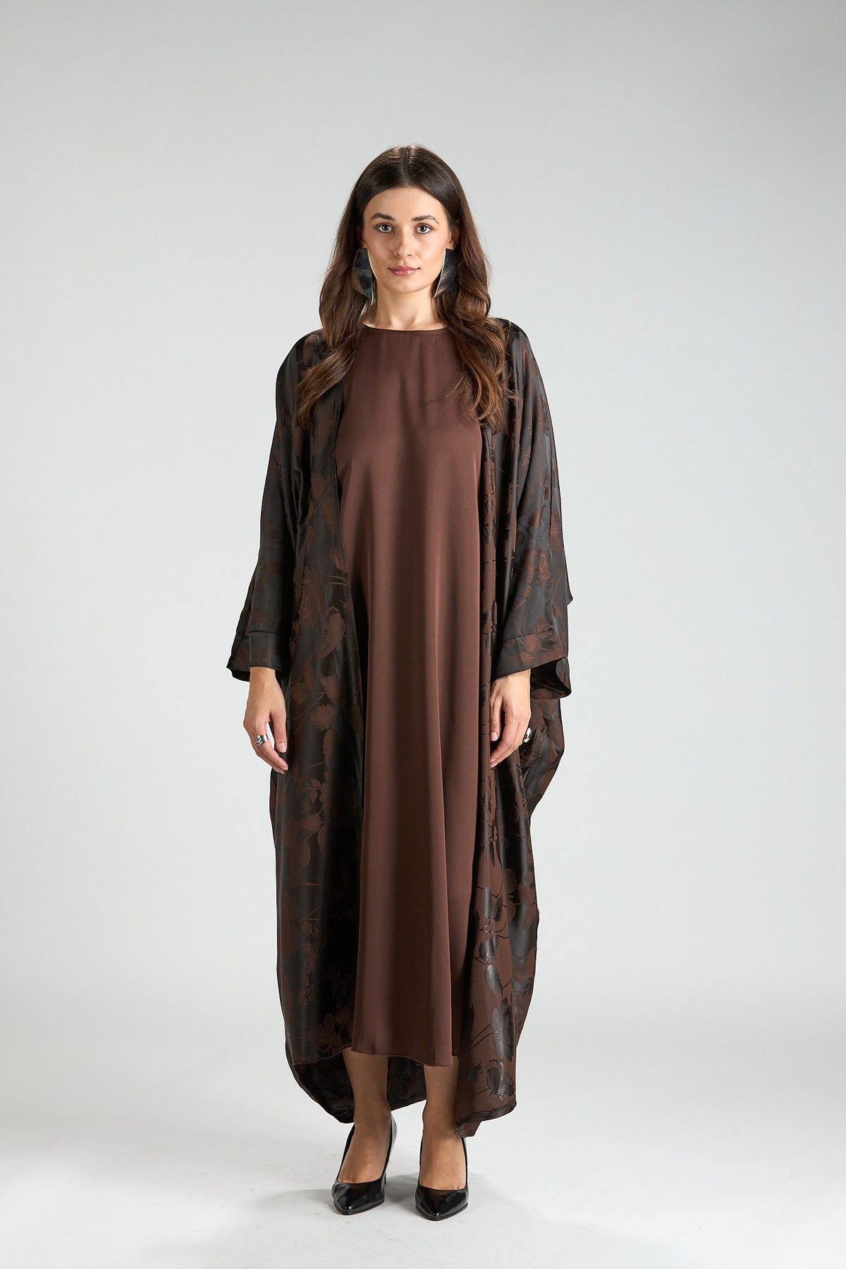 Ayla Brown Floral Jacquard 3-Piece Cape Abaya