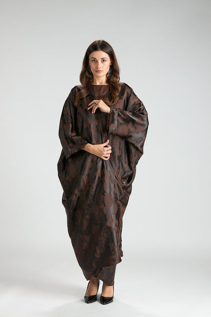 Ayla Brown Floral Jacquard 3-Piece Cape Abaya
