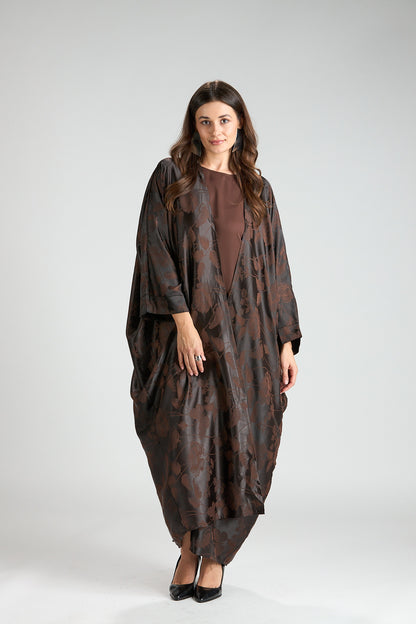 Ayla Brown Floral Jacquard 3-Piece Cape Abaya