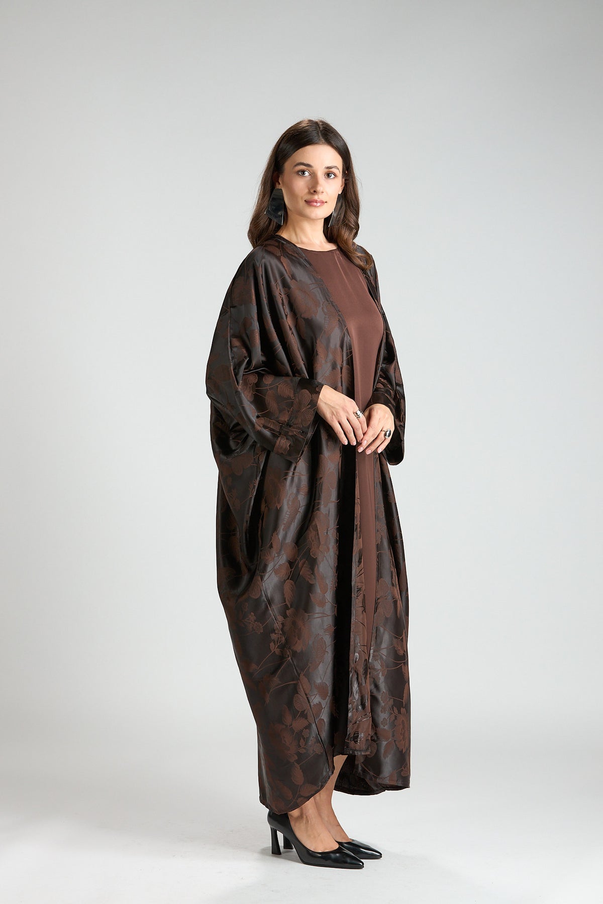 Ayla Brown Floral Jacquard 3-Piece Cape Abaya