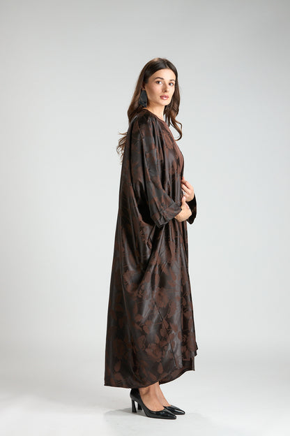 Ayla Brown Floral Jacquard 3-Piece Cape Abaya