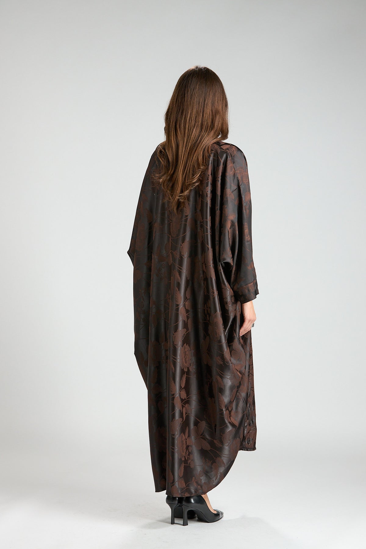 Ayla Brown Floral Jacquard 3-Piece Cape Abaya