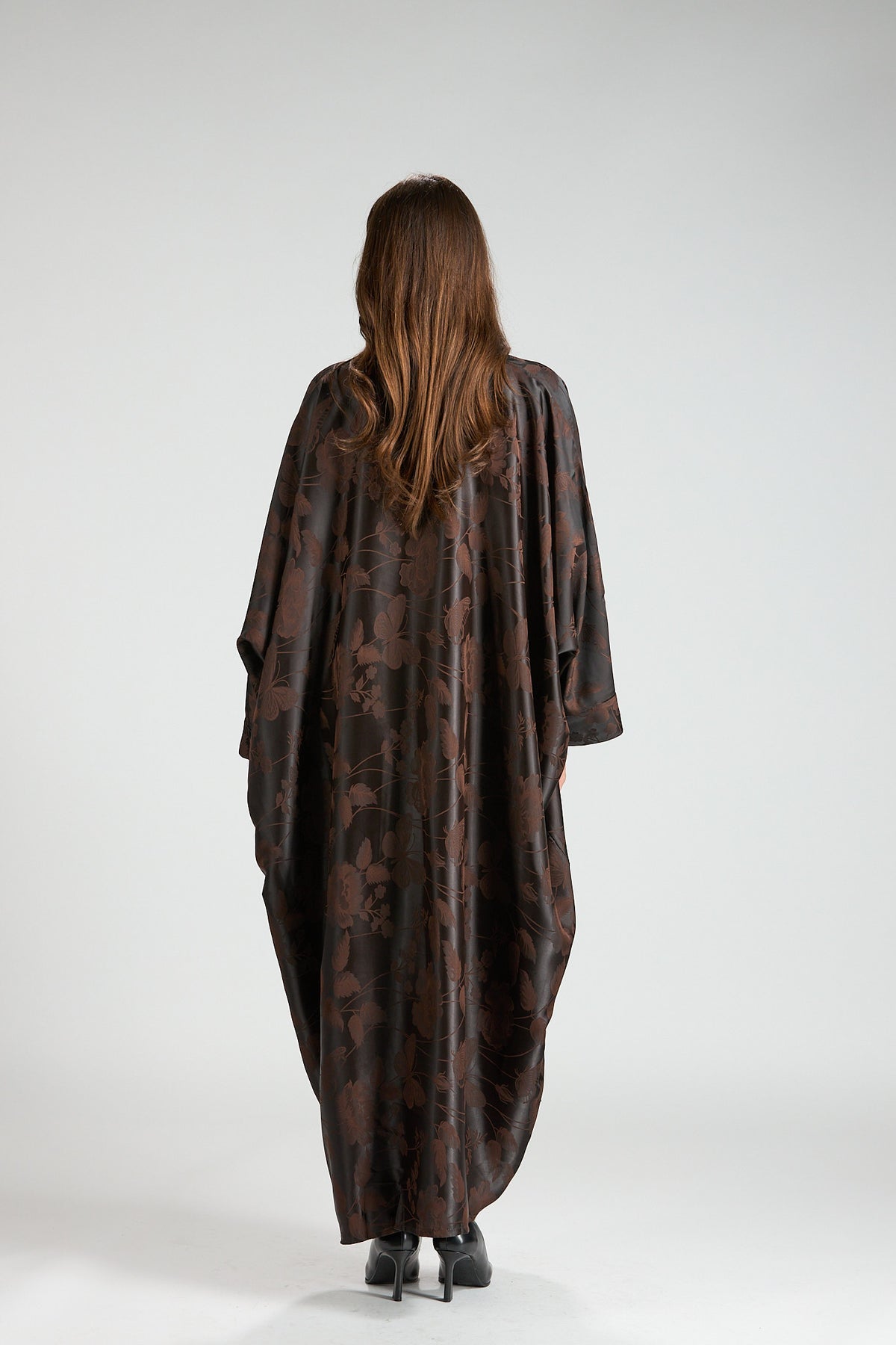 Ayla Brown Floral Jacquard 3-Piece Cape Abaya