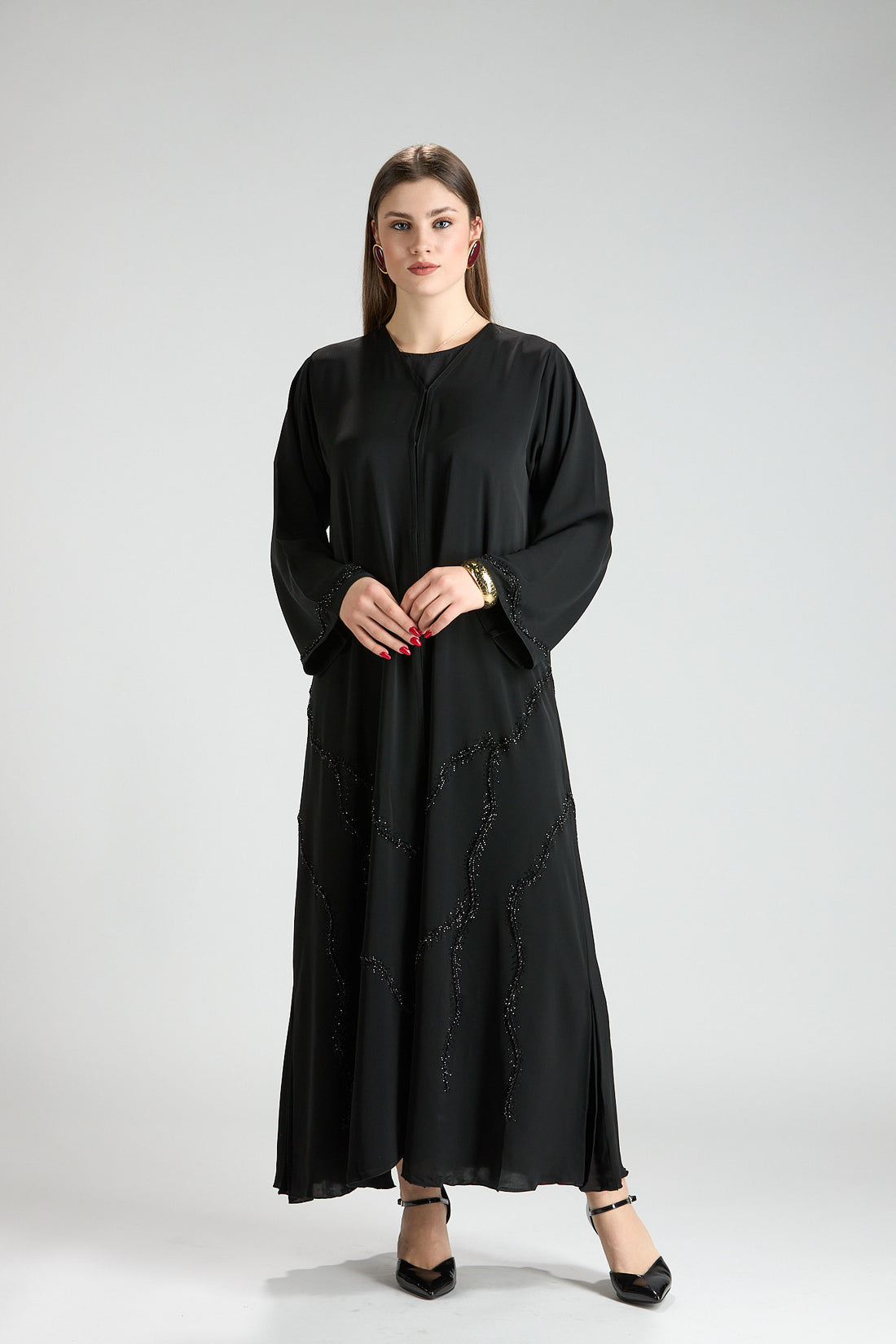 Serene Black Rhinestone Chiffon Abaya with Sheila