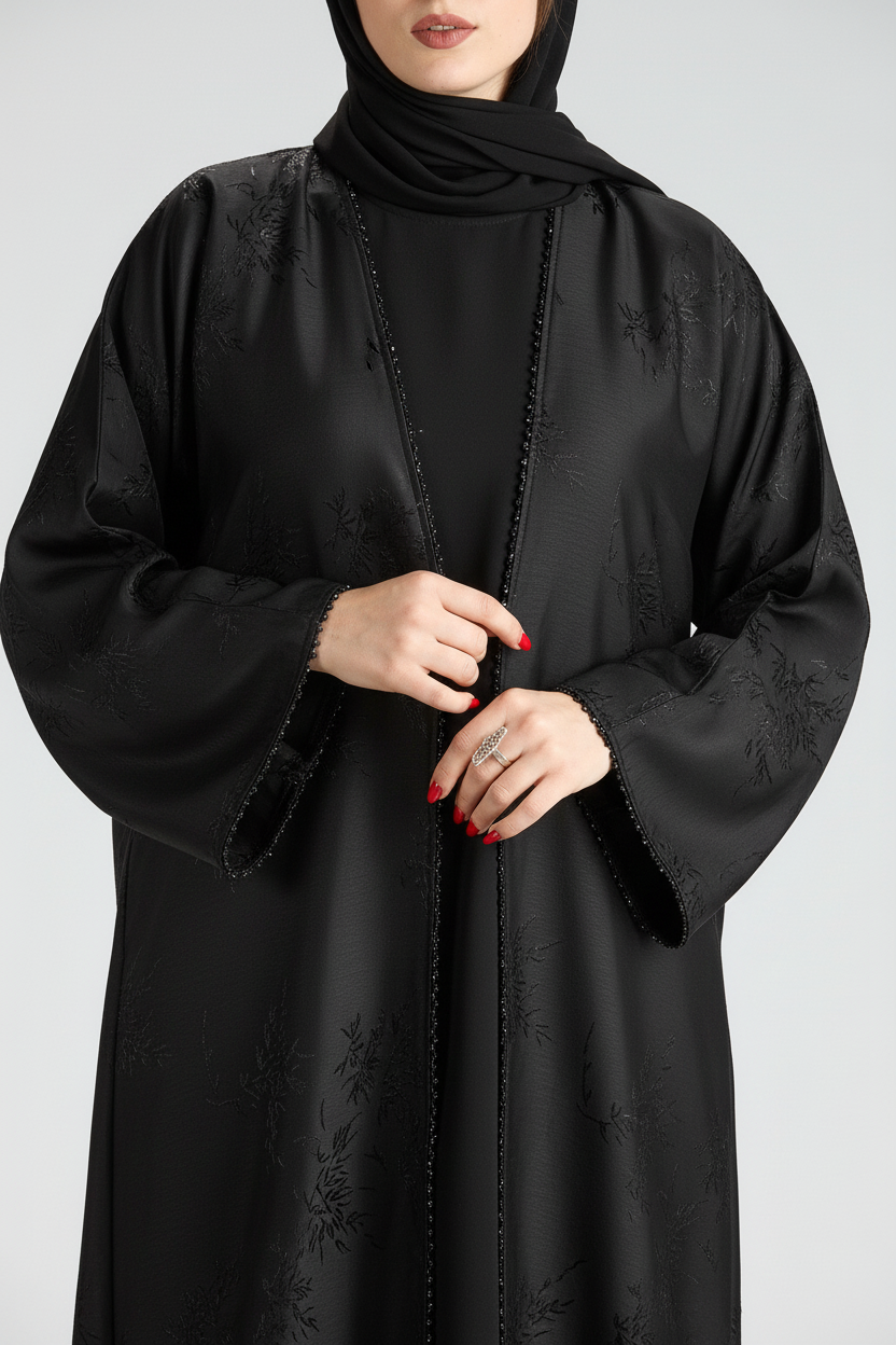 Sukoon Black Jacquard 3-Piece Open Abaya