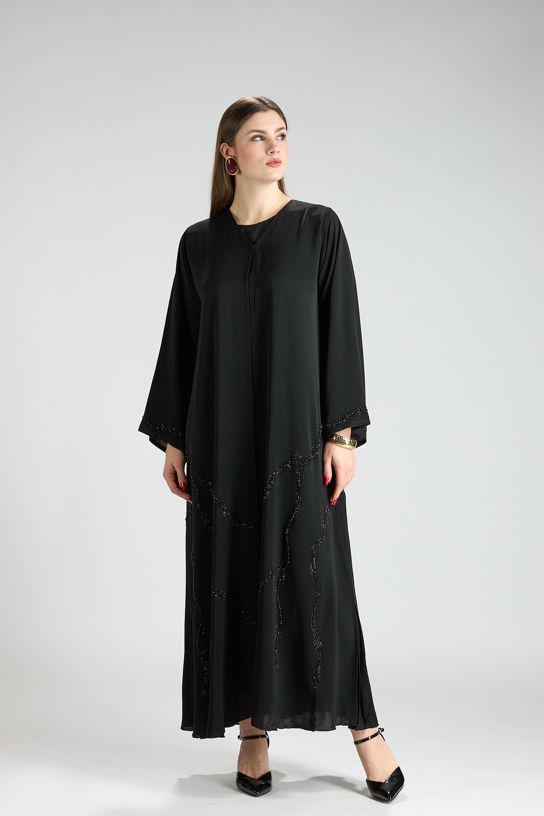 Serene Black Rhinestone Chiffon Abaya with Sheila