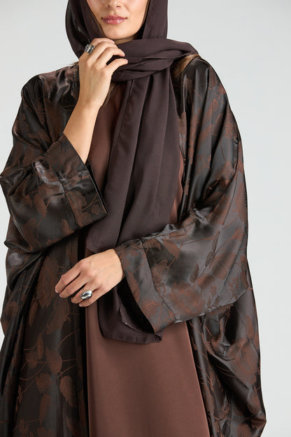 Ayla Brown Floral Jacquard 3-Piece Cape Abaya