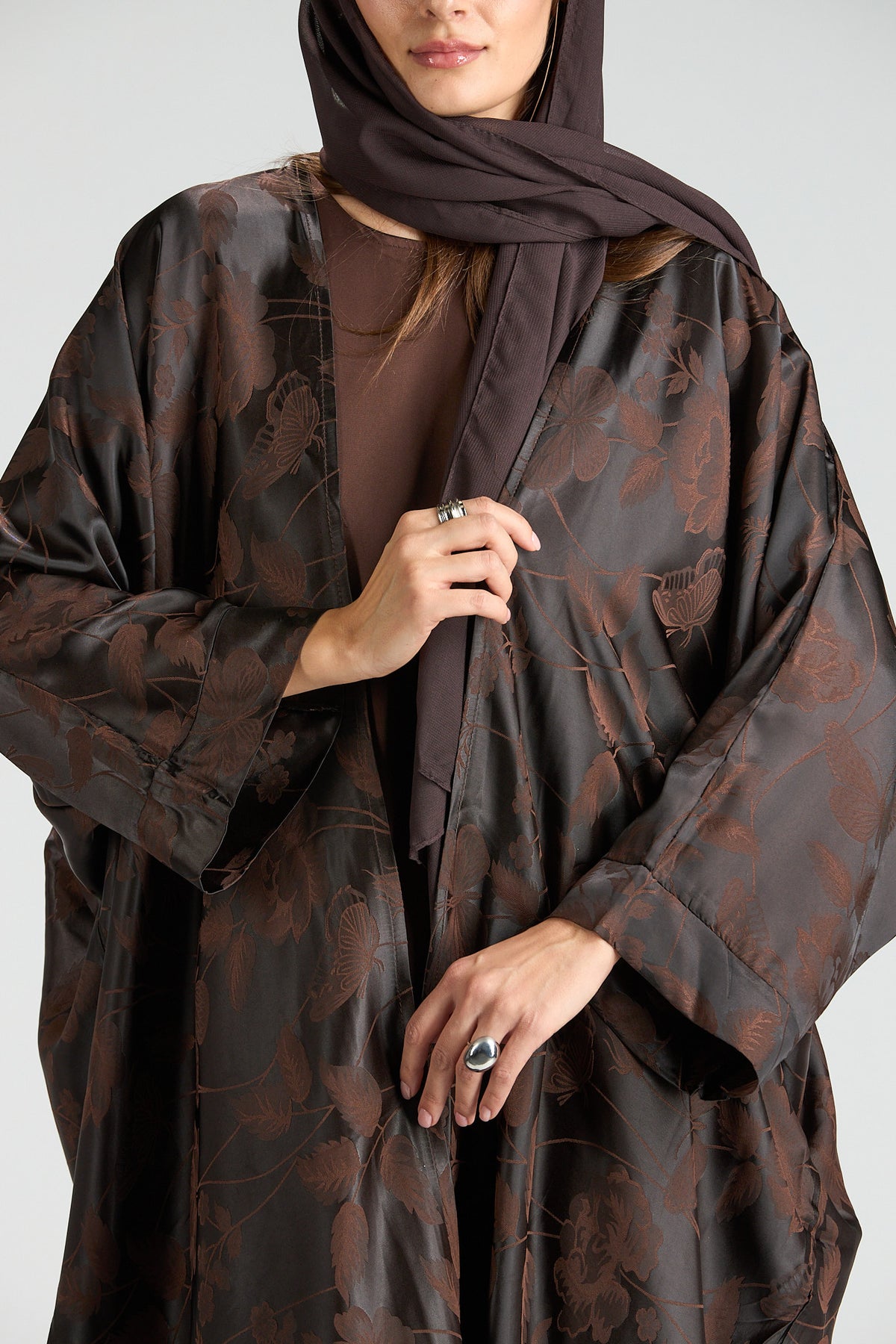 Ayla Brown Floral Jacquard 3-Piece Cape Abaya