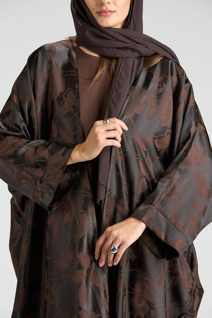 Ayla Brown Floral Jacquard 3-Piece Cape Abaya