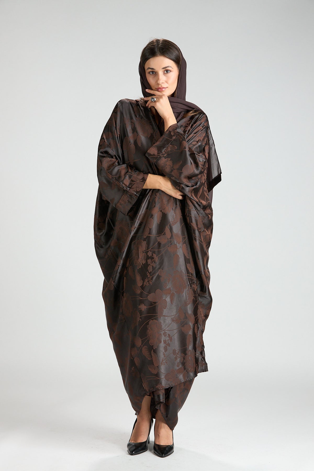 Ayla Brown Floral Jacquard 3-Piece Cape Abaya