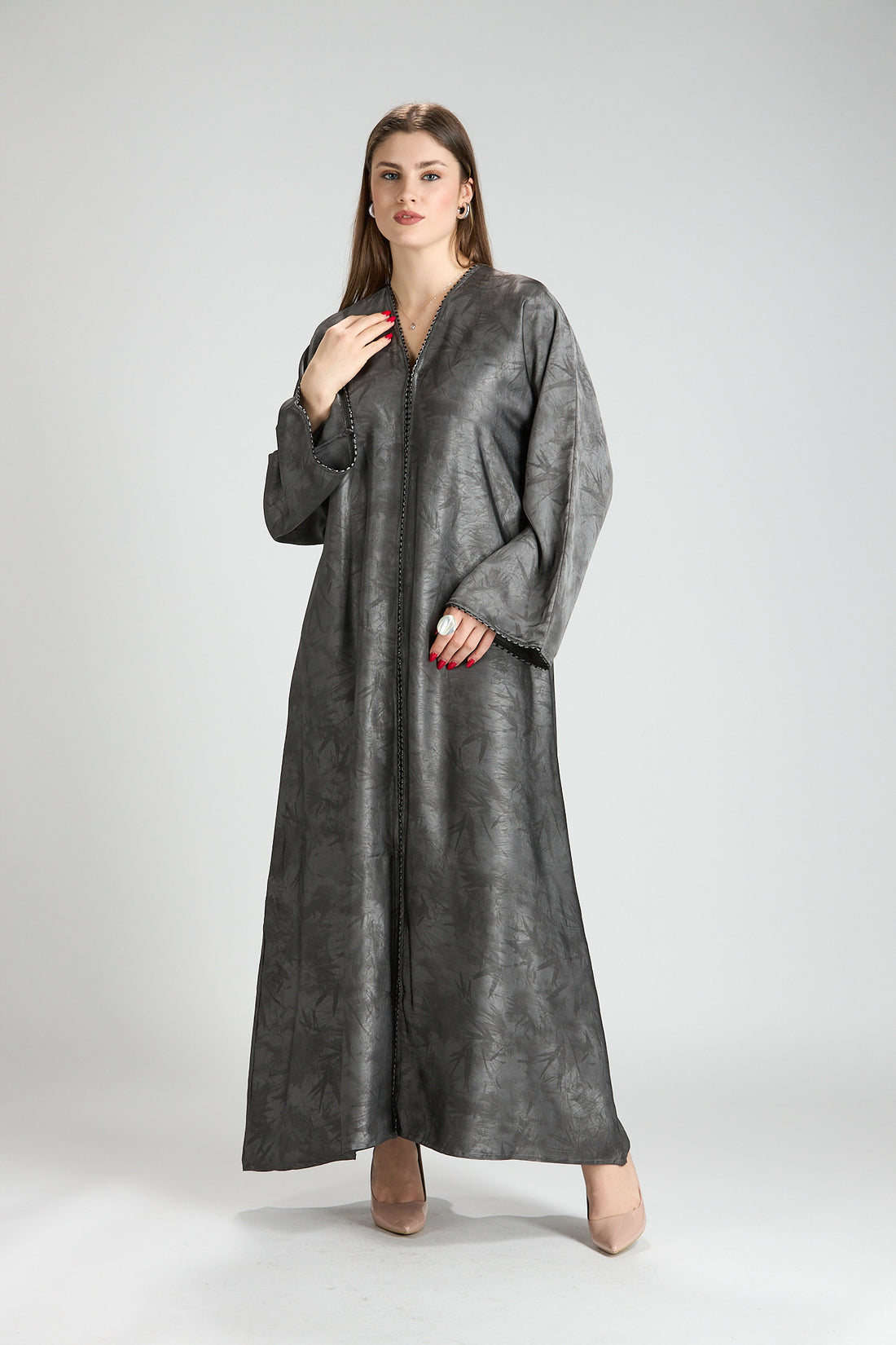Farah Gray Textured Sheen 2-Piece Abaya with Hijab