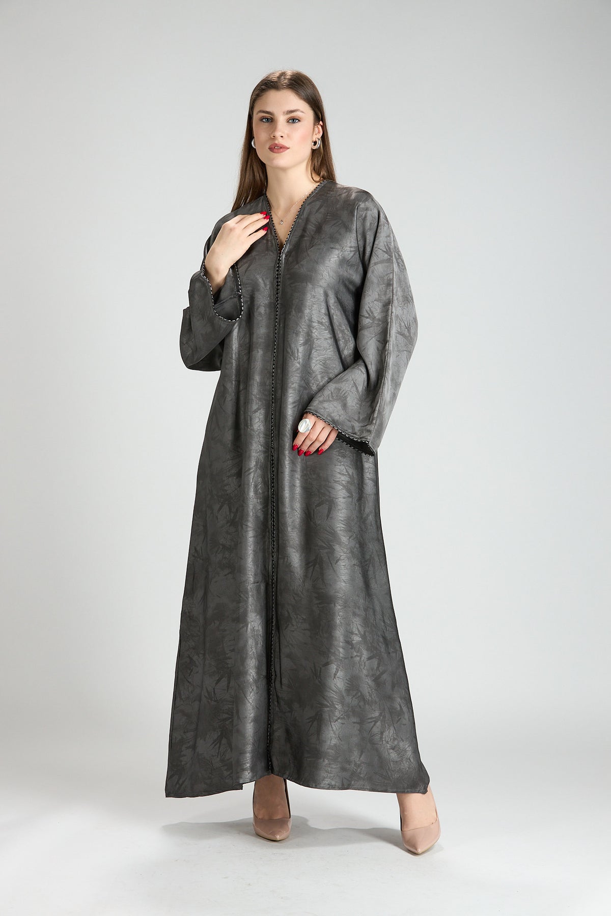 Farah Gray Textured Sheen 2-Piece Abaya with Hijab