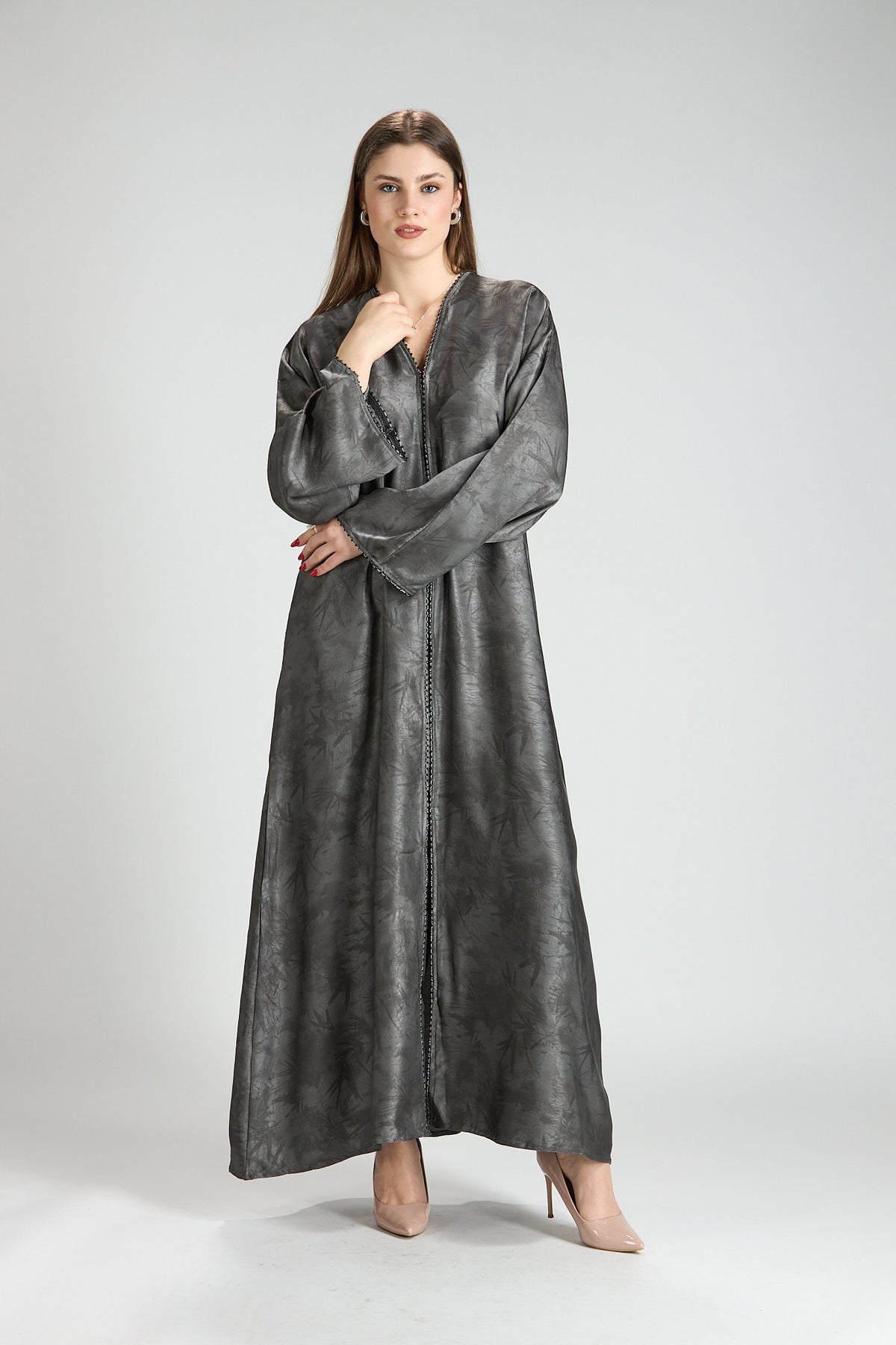 Farah Gray Textured Sheen 2-Piece Abaya with Hijab