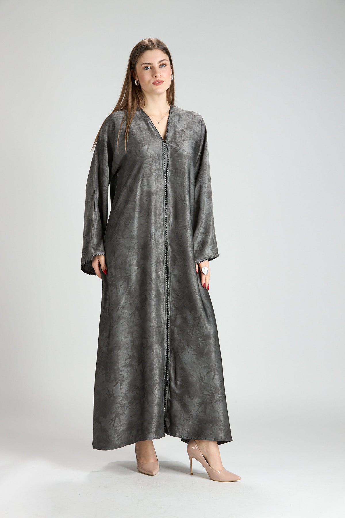 Farah Gray Textured Sheen 2-Piece Abaya with Hijab