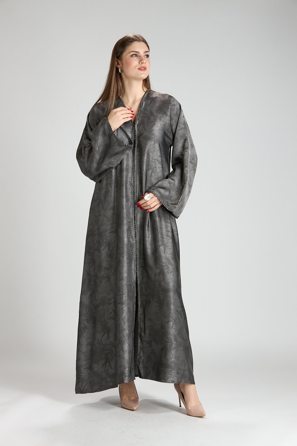 Farah Gray Textured Sheen 2-Piece Abaya with Hijab