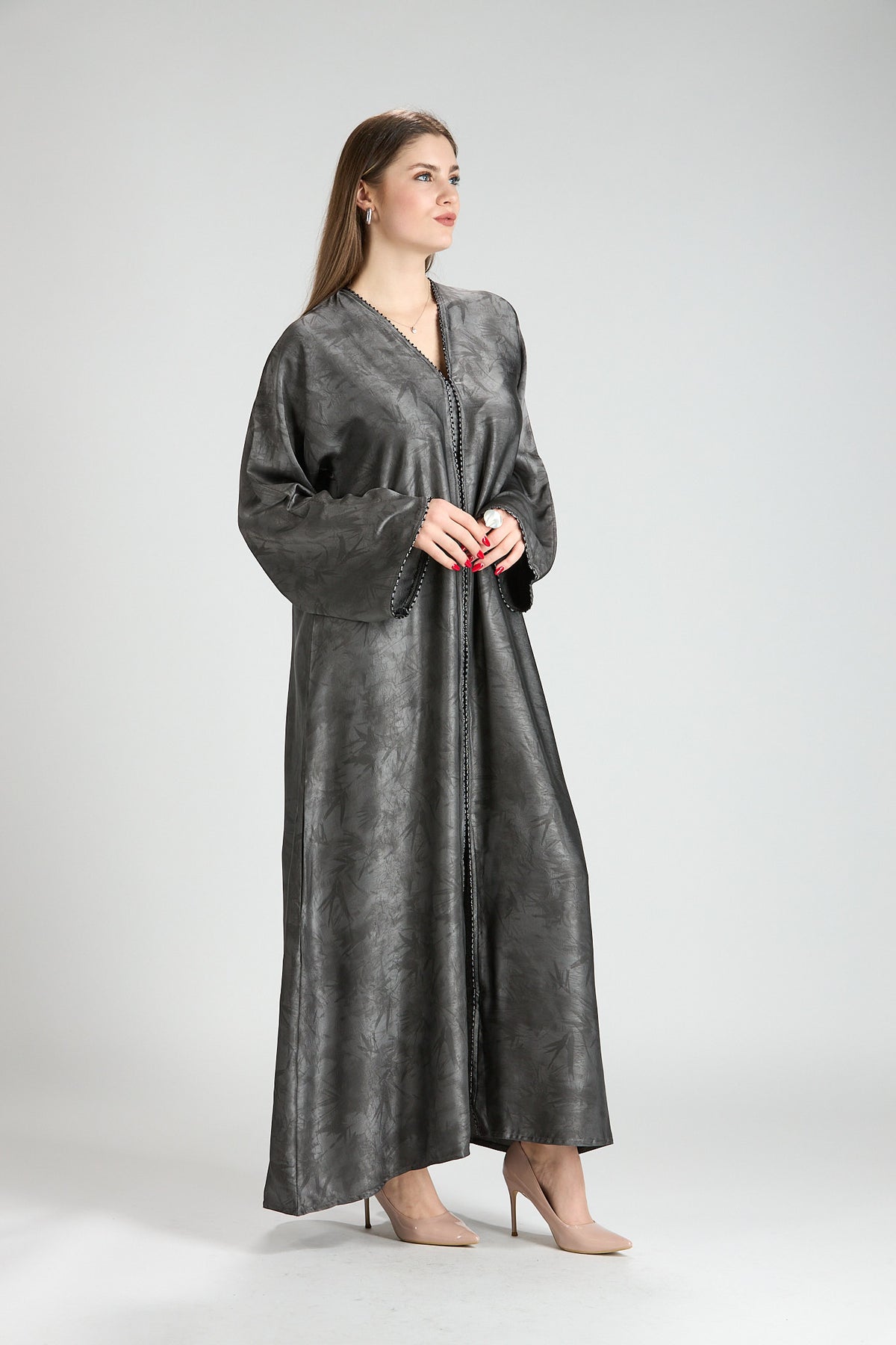 Farah Gray Textured Sheen 2-Piece Abaya with Hijab