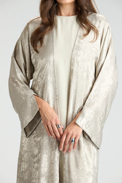 Champagne Éclat Metallic 3-Piece Open Abaya with Inner Dress