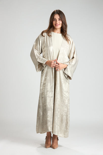 Champagne Éclat Metallic 3-Piece Open Abaya with Inner Dress