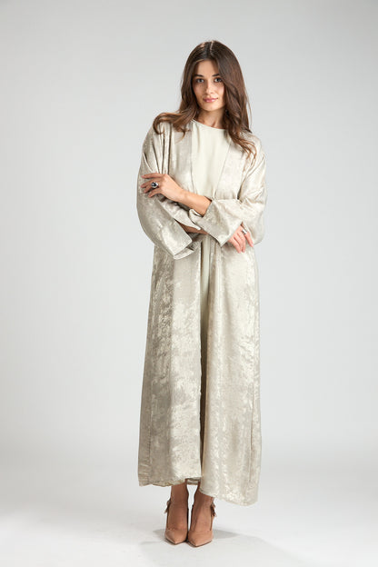 Champagne Éclat Metallic 3-Piece Open Abaya with Inner Dress
