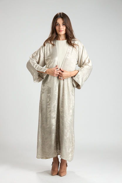 Champagne Éclat Metallic 3-Piece Open Abaya with Inner Dress