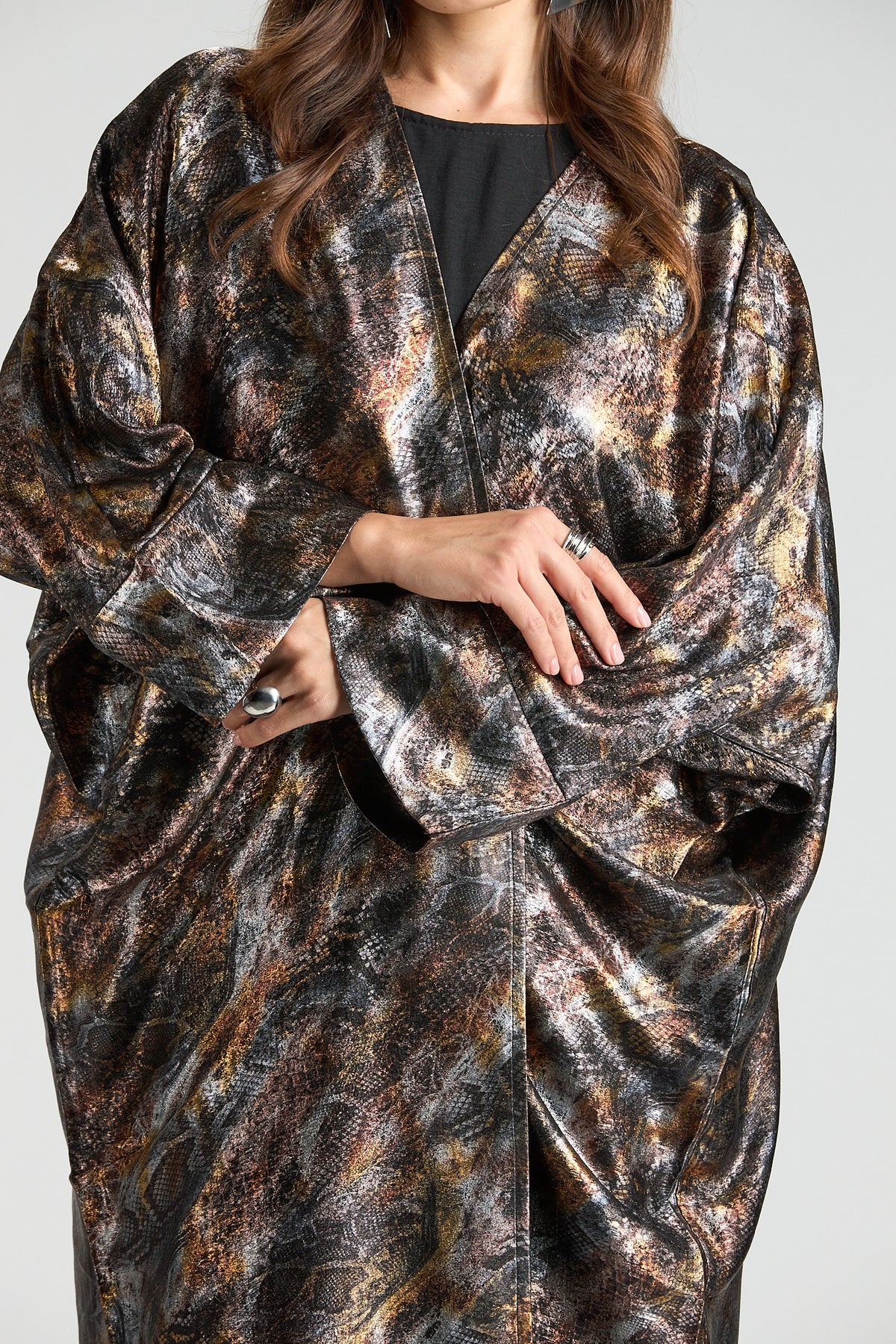 Brown Mirage Abstract Metallic 3-Piece Open Abaya with Inner Dress