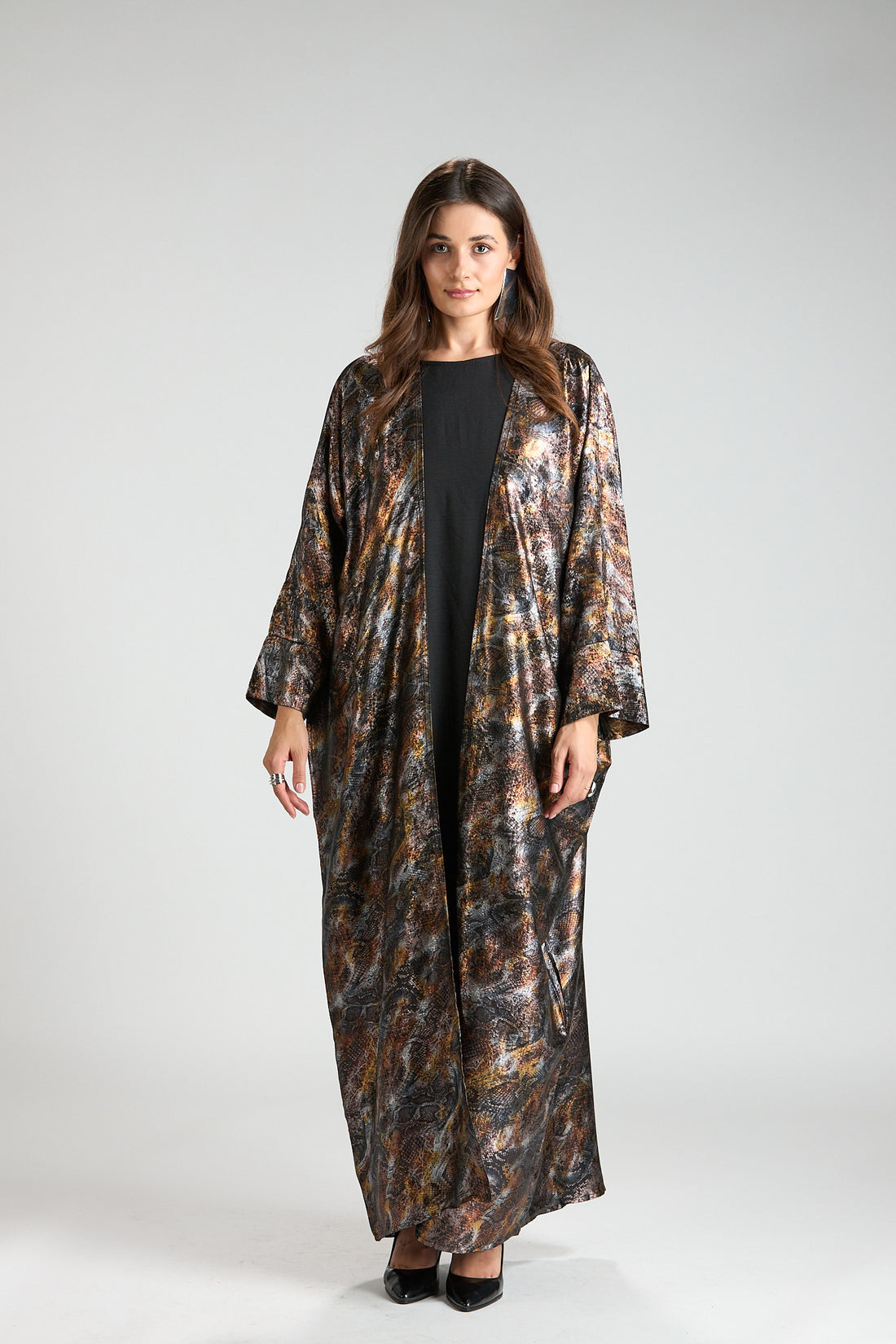 Brown Mirage Abstract Metallic 3-Piece Open Abaya with Inner Dress