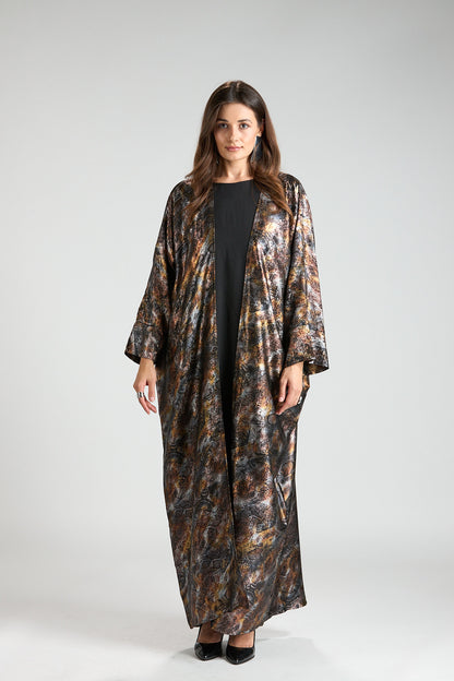 Brown Mirage Abstract Metallic 3-Piece Open Abaya with Inner Dress