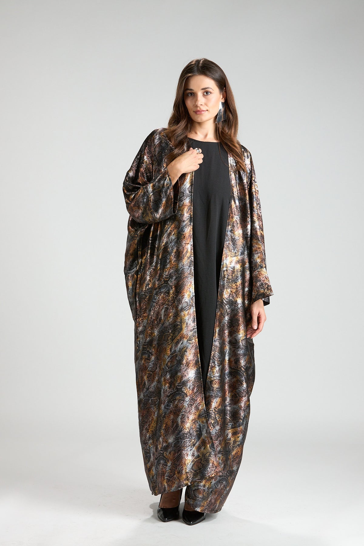 Brown Mirage Abstract Metallic 3-Piece Open Abaya with Inner Dress